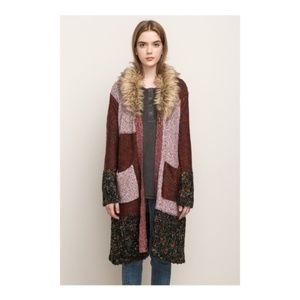 MYSTREE DETACHABLE FUR PATCH WORK LONG CARDIGAN